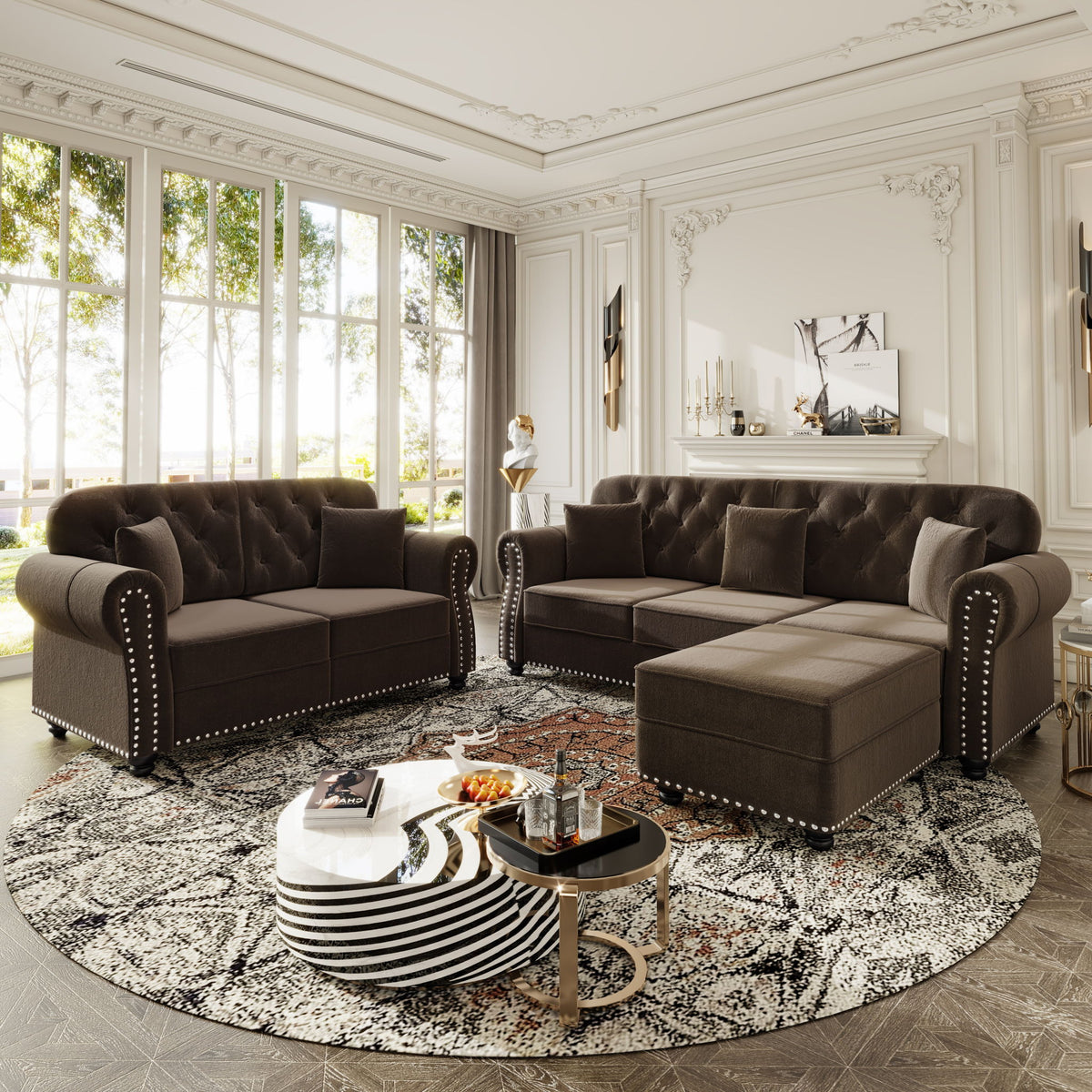 Upholstered Sofa Set With Nailhead Trim And Rolled Armrests, Includes Pillows