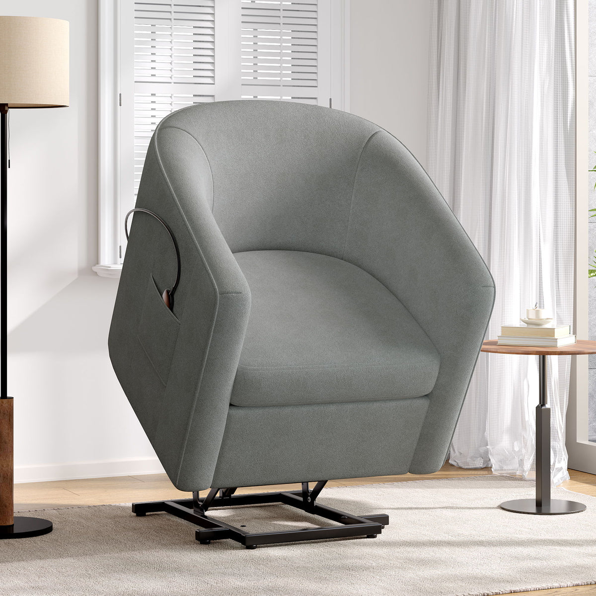 Power Lift Recliner Barrel Shape Reclining Chair With Footrest And Side Pocket