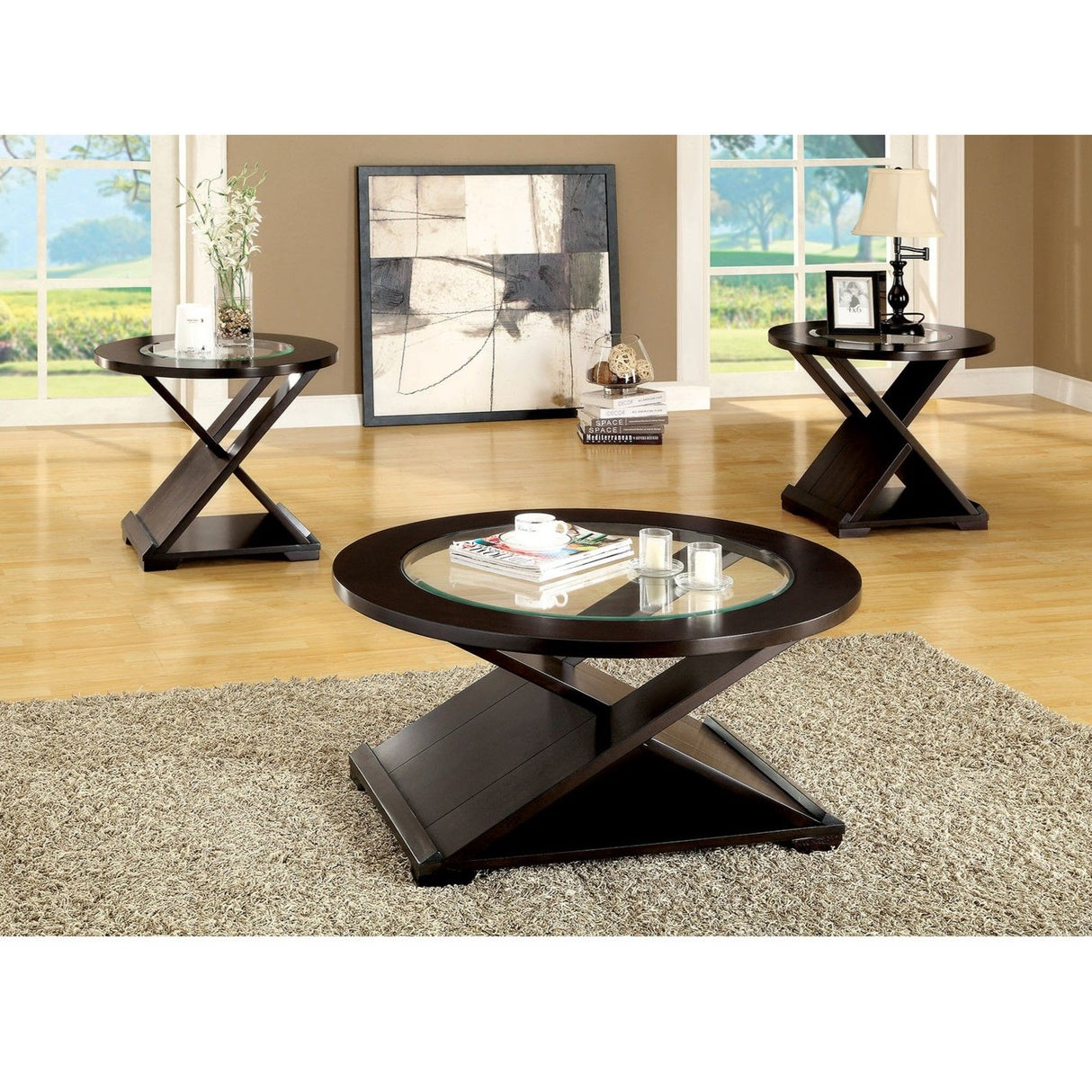 Coffee Table With Cross Design Base, Beveled Glass Top - Espresso