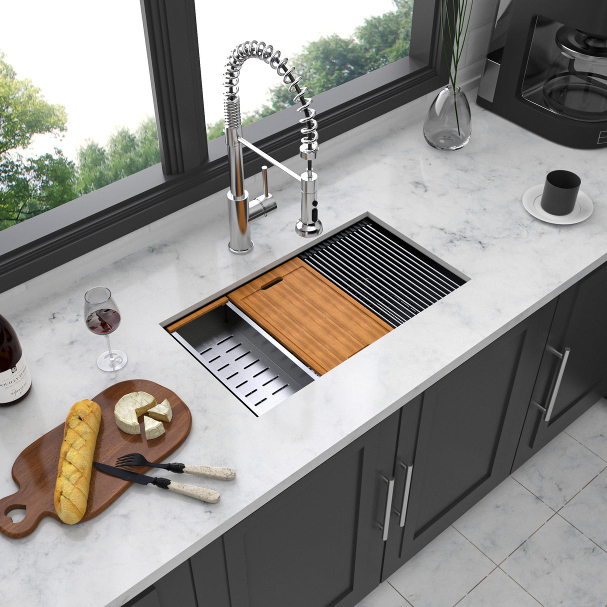 Workstation Kitchen Sink, Single Bowl Undermount 16 Gauge Stainless Steel - White
