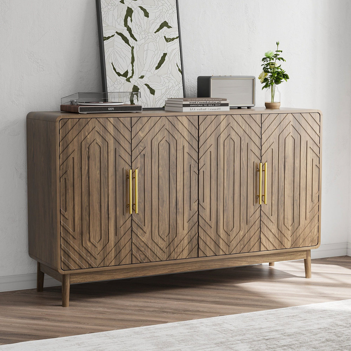 Sideboard Buffet Cabinet With Carved Doors And Adjustable Layer Board