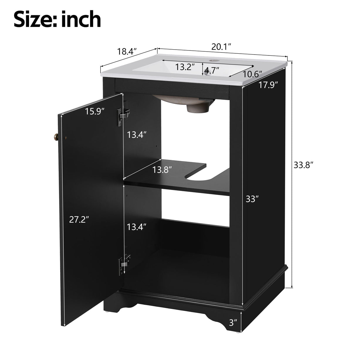 Bathroom Vanity With Sink, Freestanding Single Cabinet Set, Soft Close Door, Adjustable Shelf