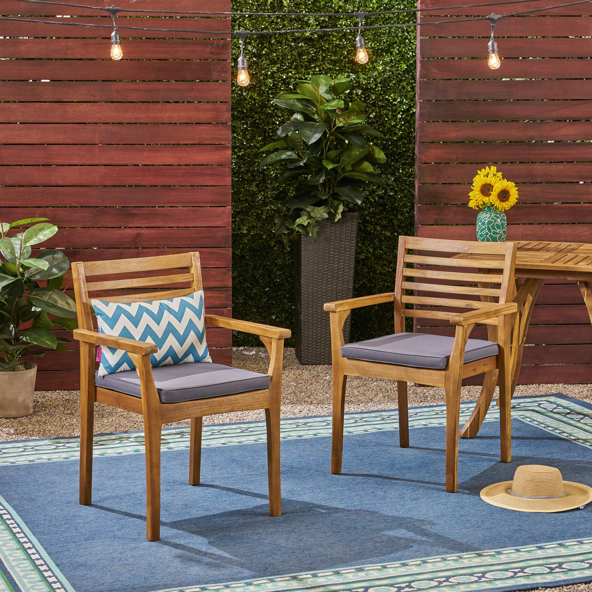 Outdoor Dining Chair With Slat Back And Acacia Wood Frame (Set of 2) - Gray / Teak