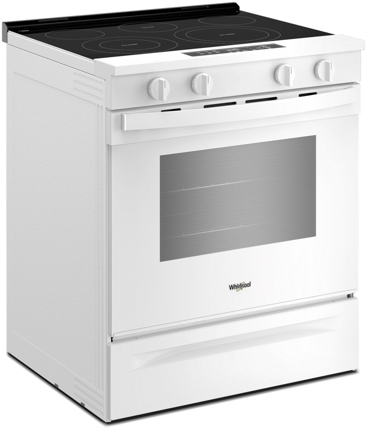 Whirlpool WSES3330TW white slide-in electric range cooktop detail