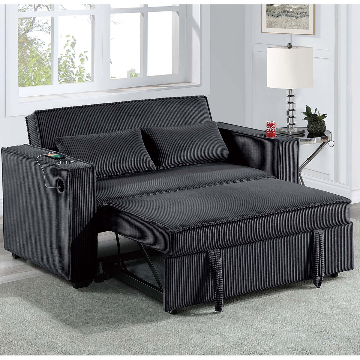 Convertible Sofa With Pull Out Bed, USB Ports & Cup Holders, Matching Pillows - Black