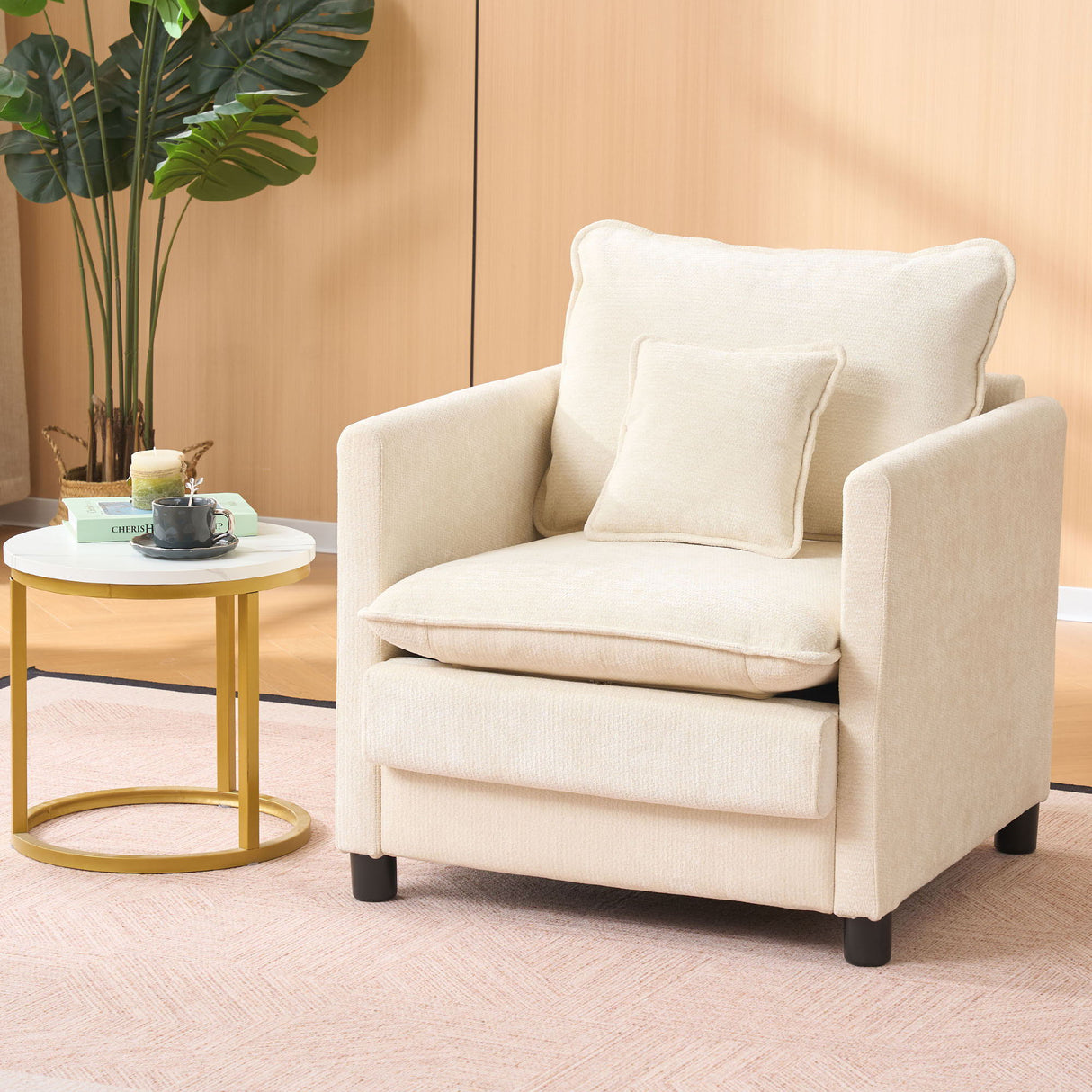 Single, Reading Armchair With 3 Pillow Comfort Set For Living Room - Beige