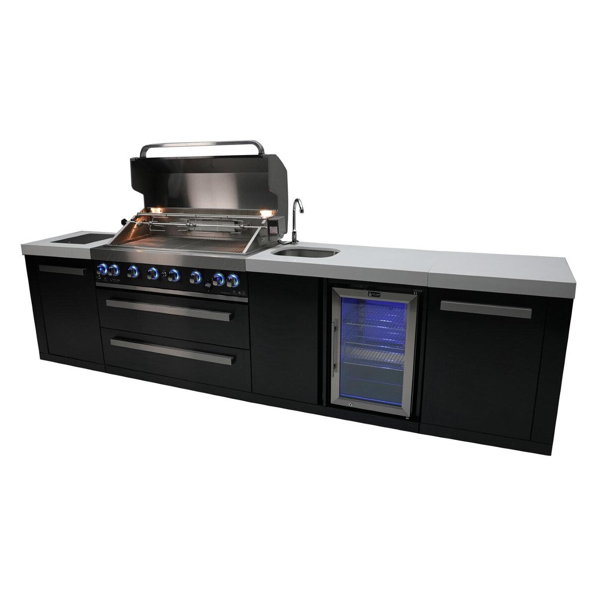 Mont Alpi Black Series 11 Ft Propane Outdoor Kitchen Island w/ Side Burner & Beverage Center - MAi805-BSSBEV