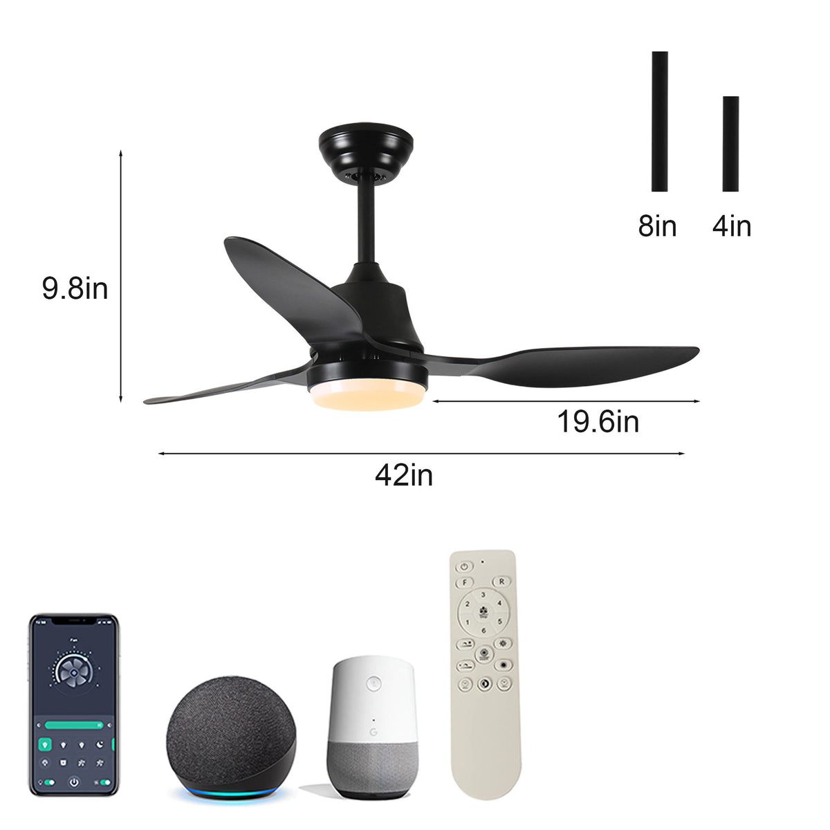 Ceiling Fan With Light, 3 Blades, Remote Control, 6 Speed Reversible DC Motor For Living Room - Black