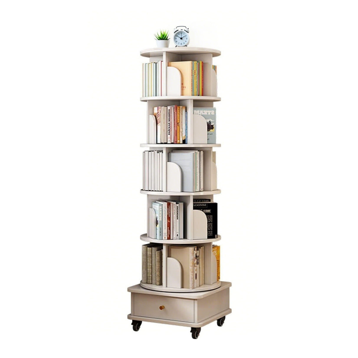 Rotating Bookshelf With Wheels And Drawer, 360° Spinning Design, Space Saving Storage