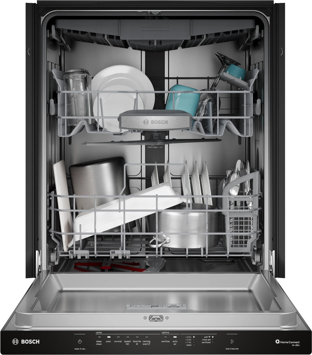 Bosch SHP65DM6N door open with racks and styling