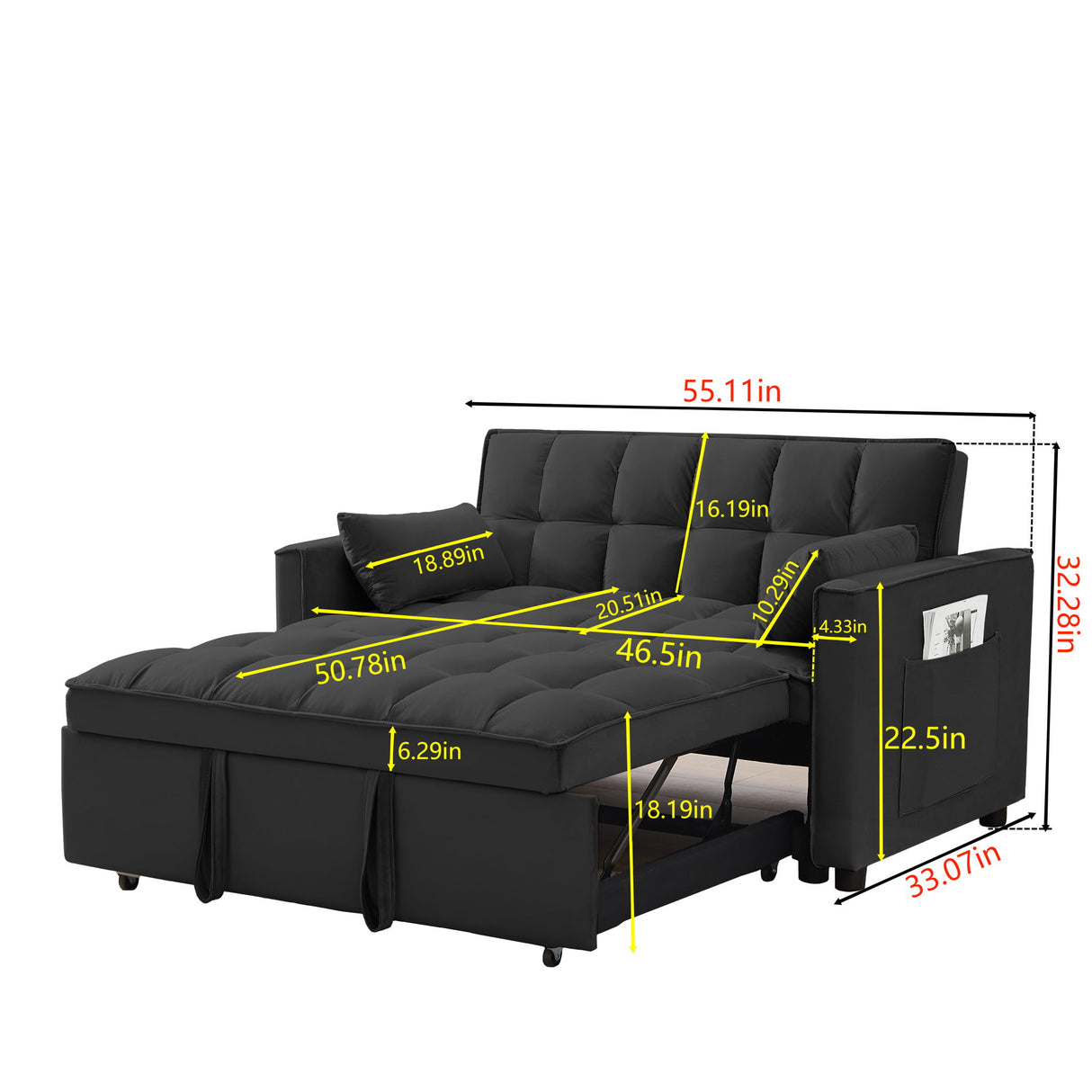 Modern Velvet Convertible Loveseat Futon Sofa With Pullout Bed, Reclining Backrest