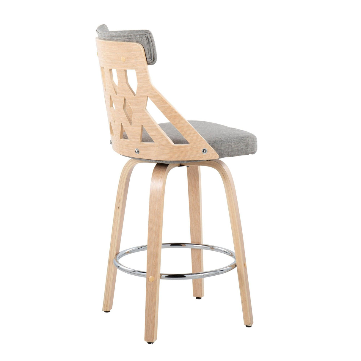 York - Mid-Century Modern Counter Stool - Natural Wood And Light Gray Fabric With Chrome Footrest