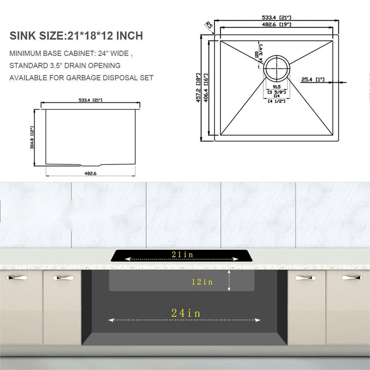 Modern Undermount Stainless Steel Kitchen Sink 16 Gauge, Deep Single Bowl