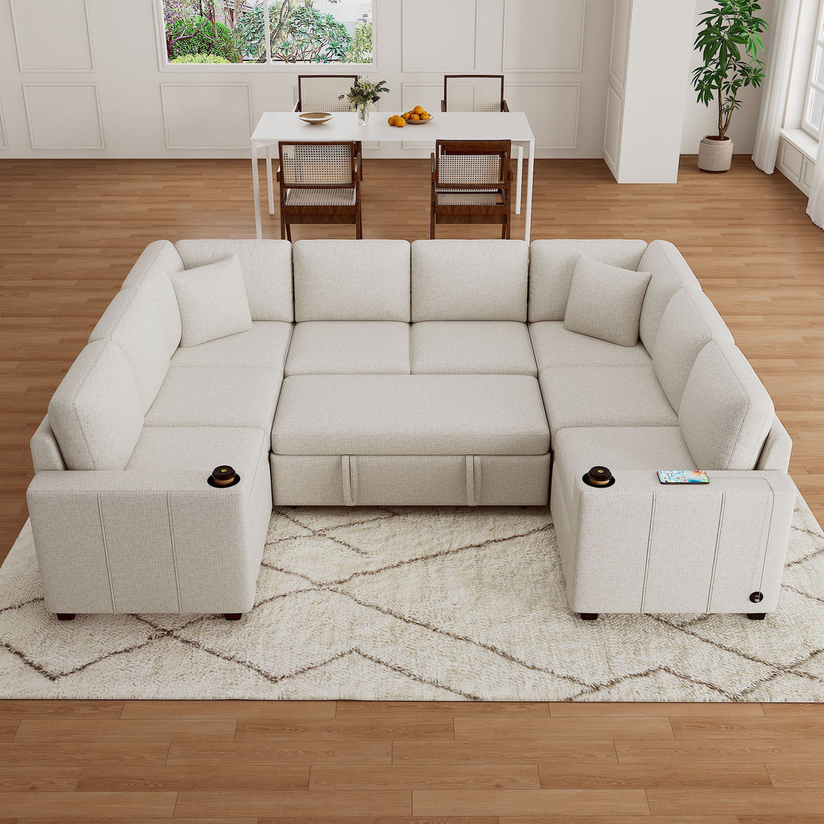 Convertible U-Shaped Sectional Sofa With Pull-Out Bed