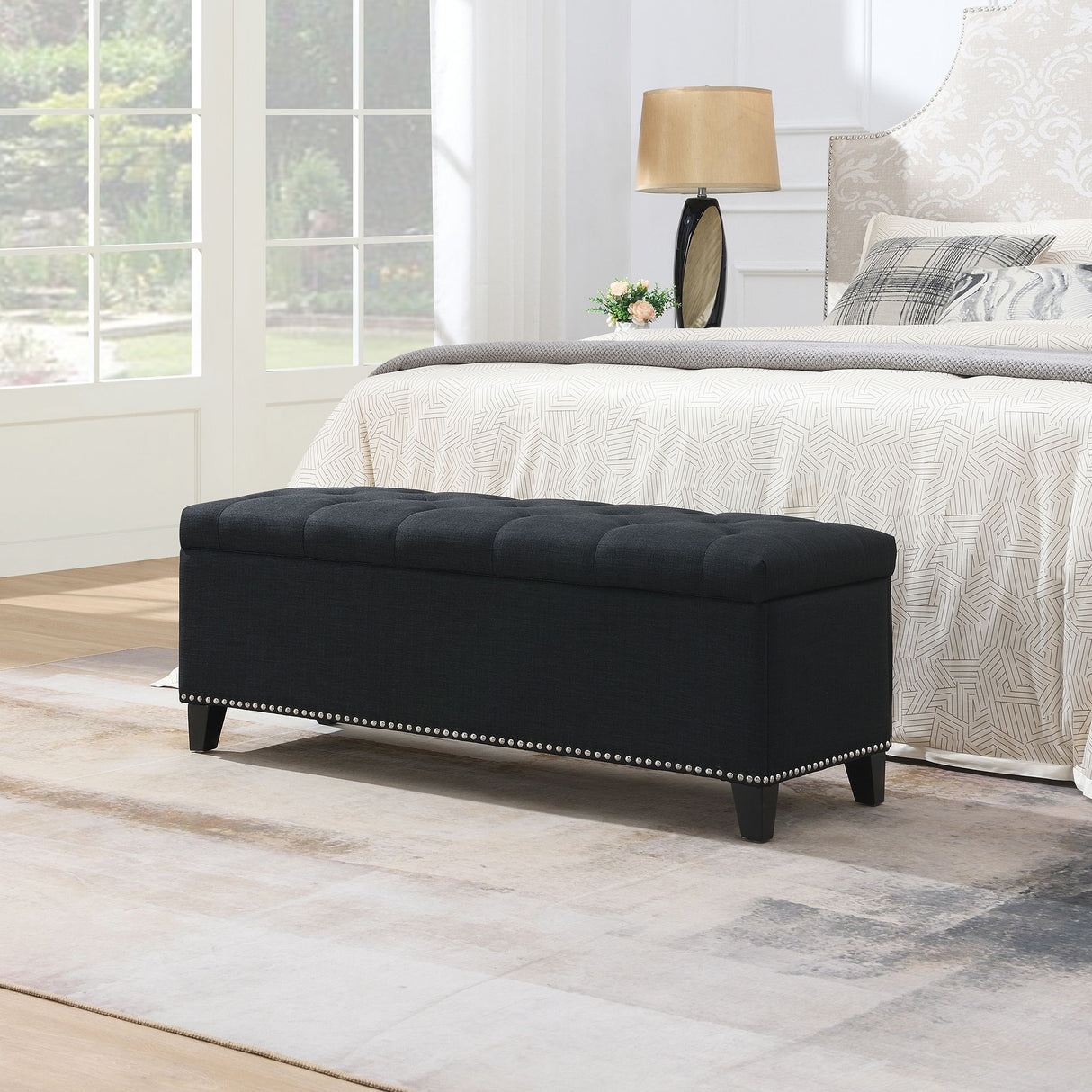 Button Tufted Storage Ottoman, Living Room Bench With Safety Close Hinge - Black