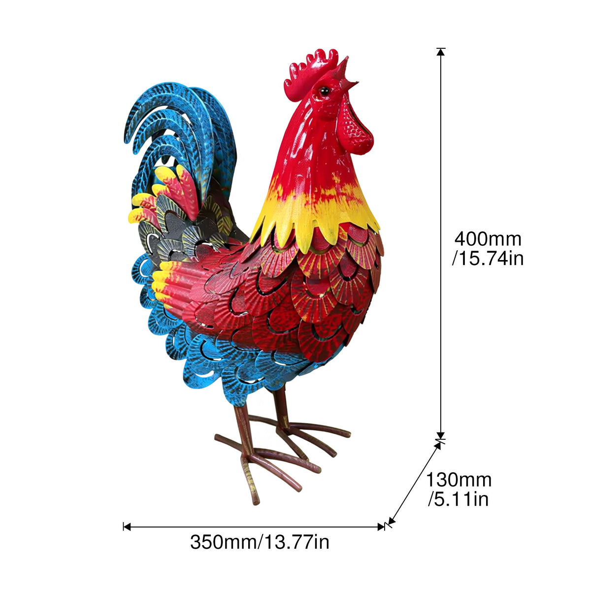 Wrought Rooster Garden Statue, Rooster Sculpture - Blue / Red / Brown