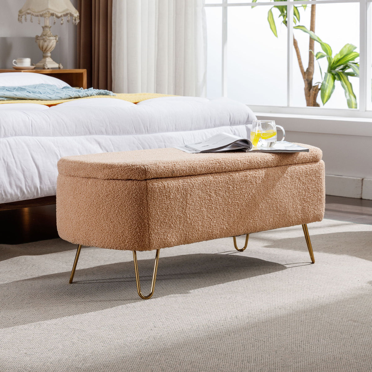 Storage Ottoman Bench For End Of Bed Gold Legs, Modern Camel Faux Fur Entryway Bench Upholstered Padded With Storage For Living Room Bedroom - Camel