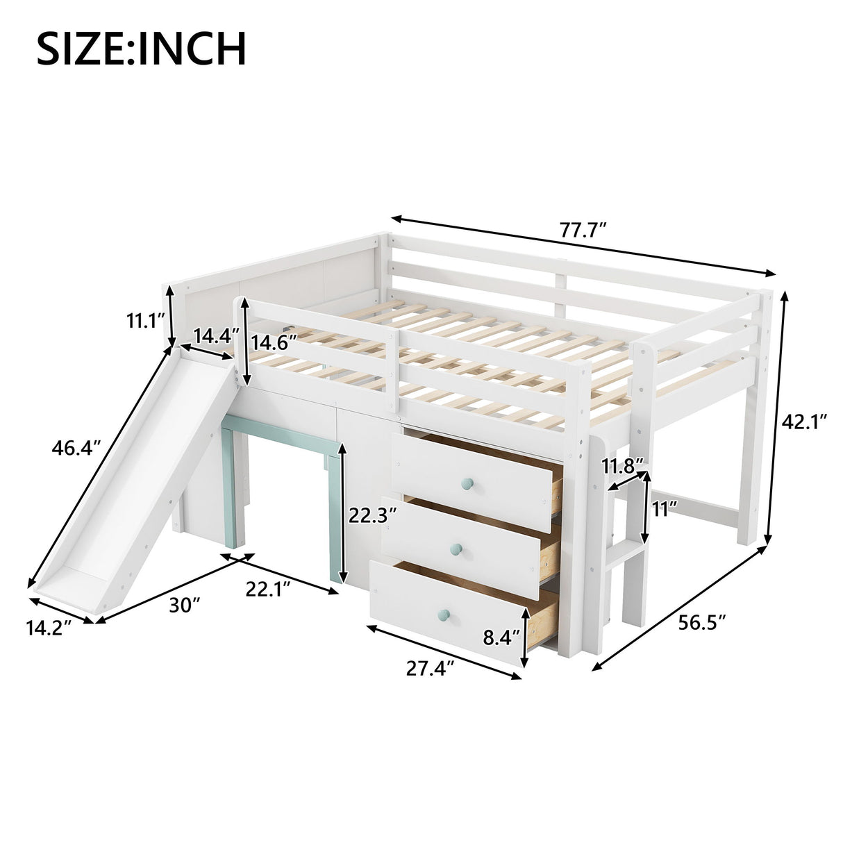 Modern Low Loft Bed With Slide, 3 Storage Drawers, And 2 Doors