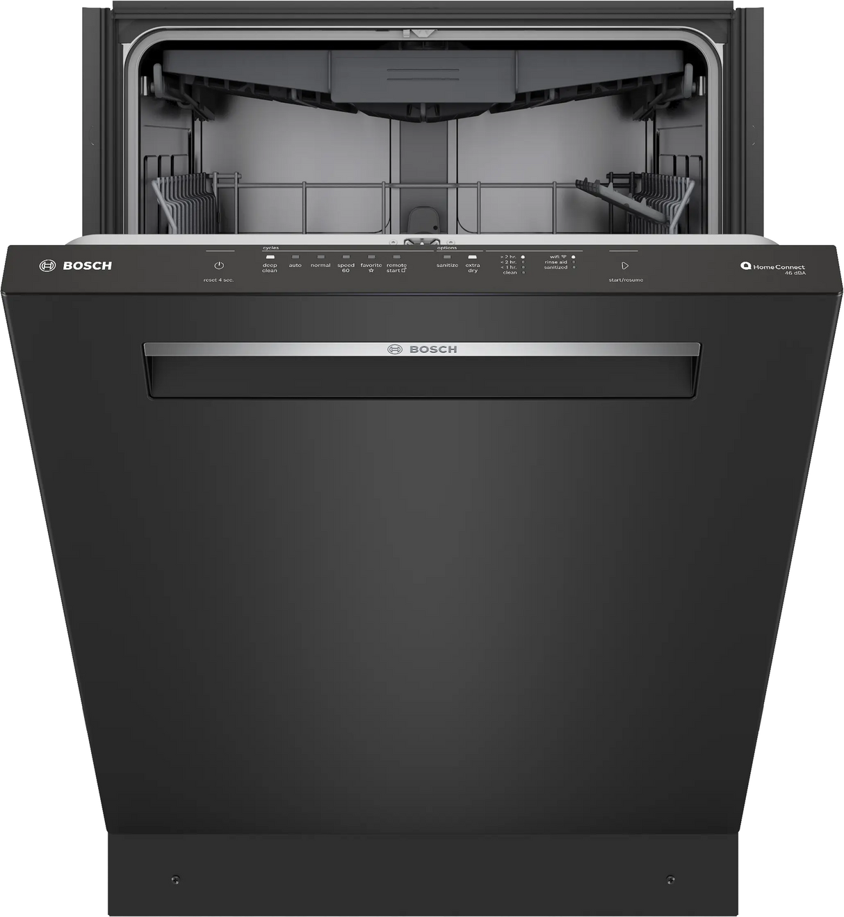 Bosch SHP53EM6N black dishwasher door slightly open
