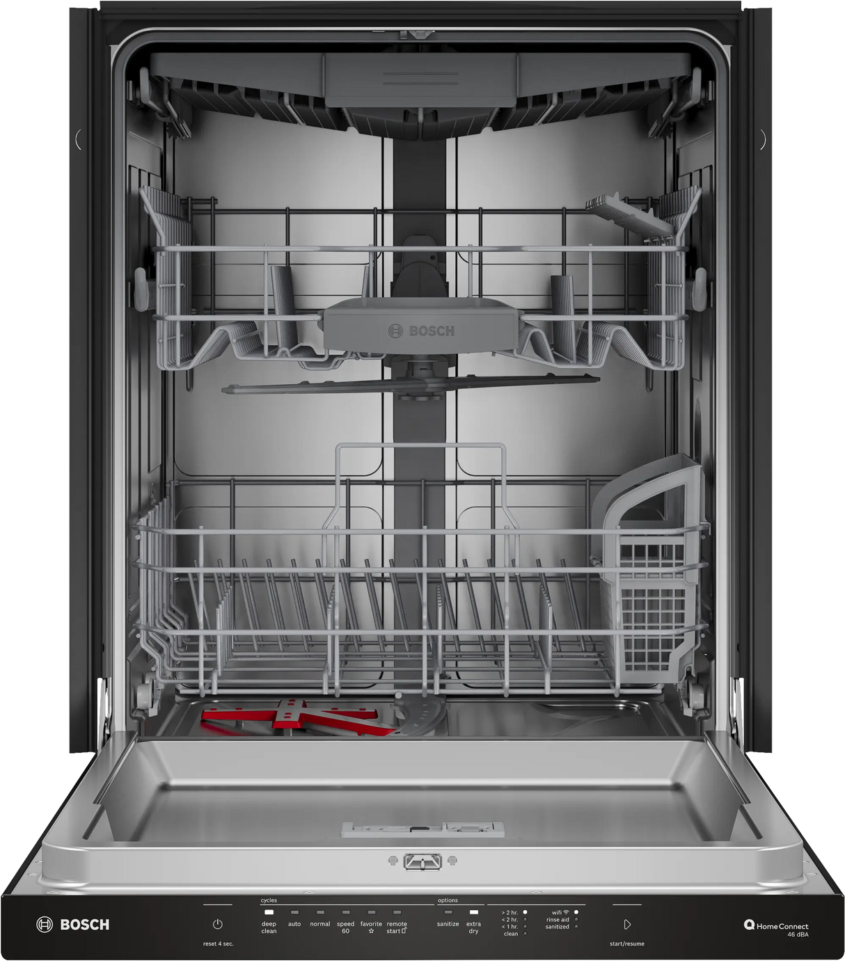 Bosch SHP53EM6N door open showing stainless steel interior and racks