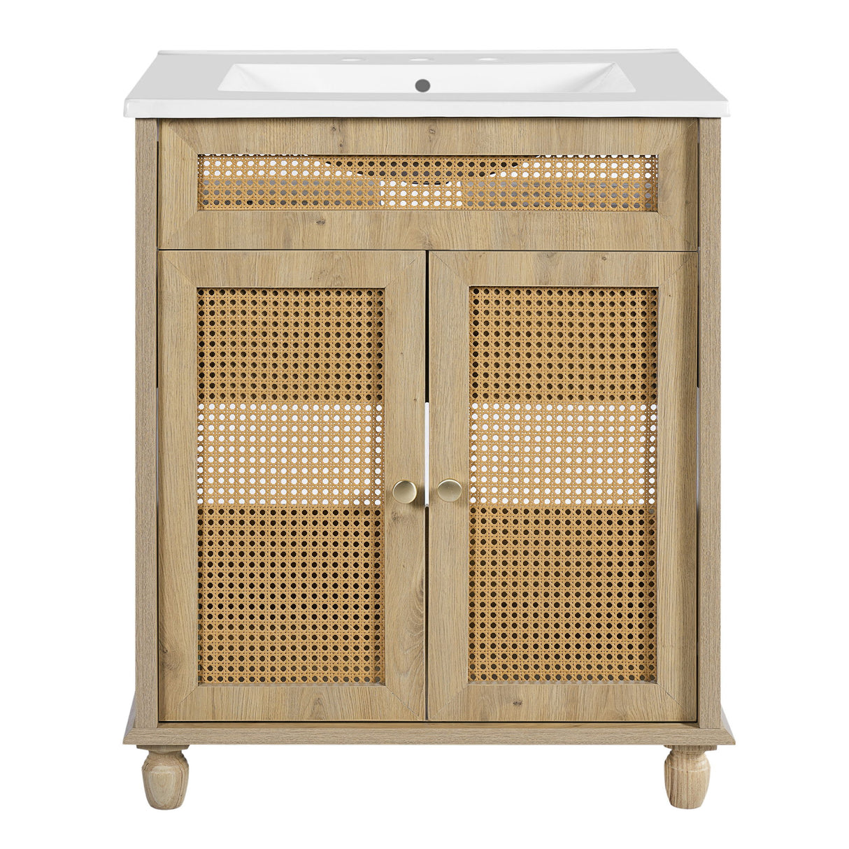Bathroom Vanity With Handwoven Rattan Doors, Resin Basin - Natural Wood