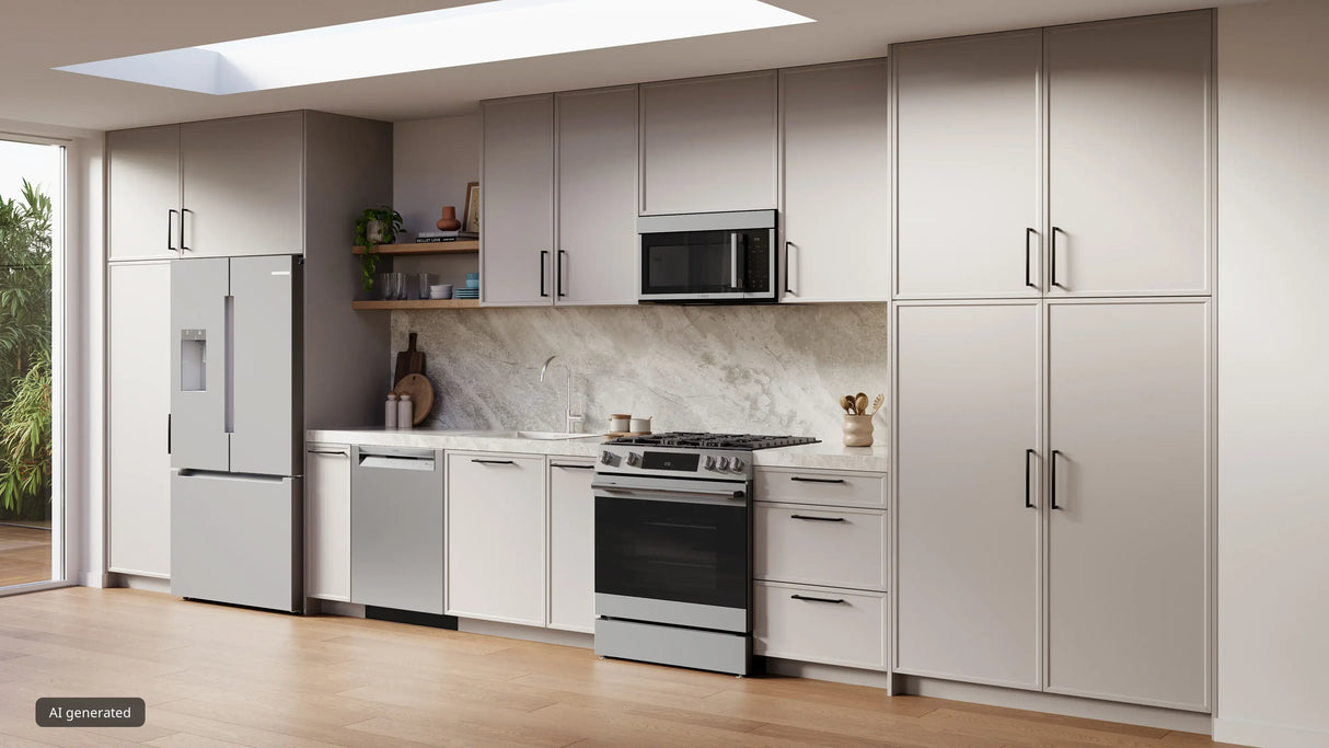Bosch HGF3050MUC gas slide-in range installed in kitchen angled view