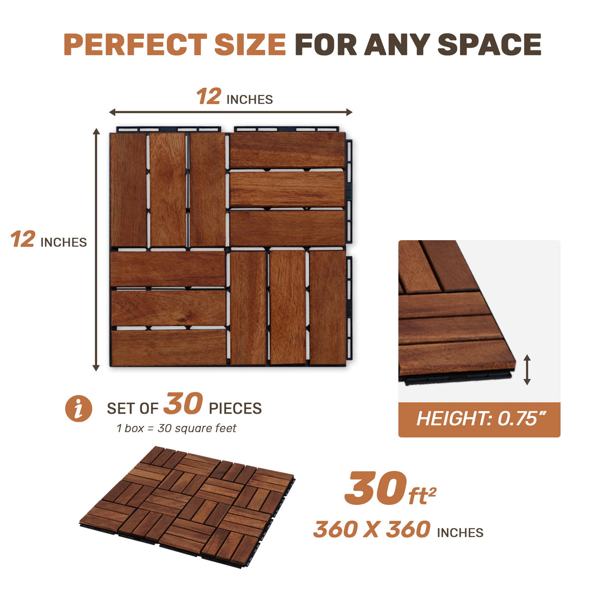 Acacia Wood Interlocking Deck Tiles Checker Pattern For Outdoor Flooring