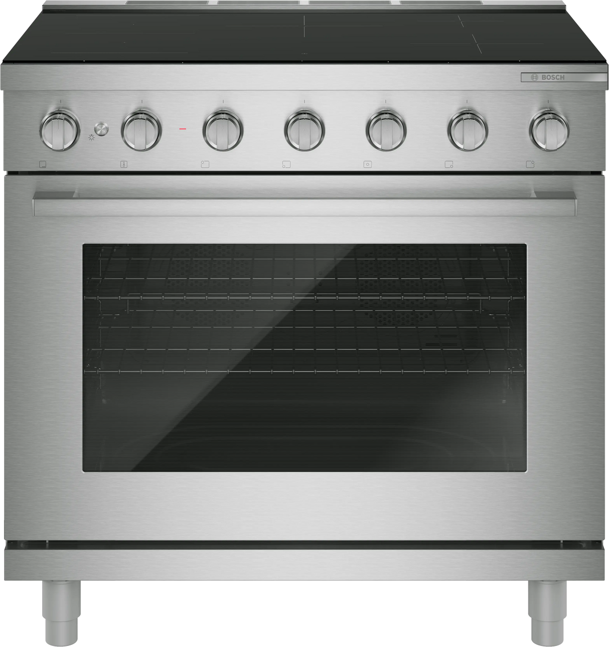 Bosch HIS5657U 36 inch industrial style induction range stainless steel front view