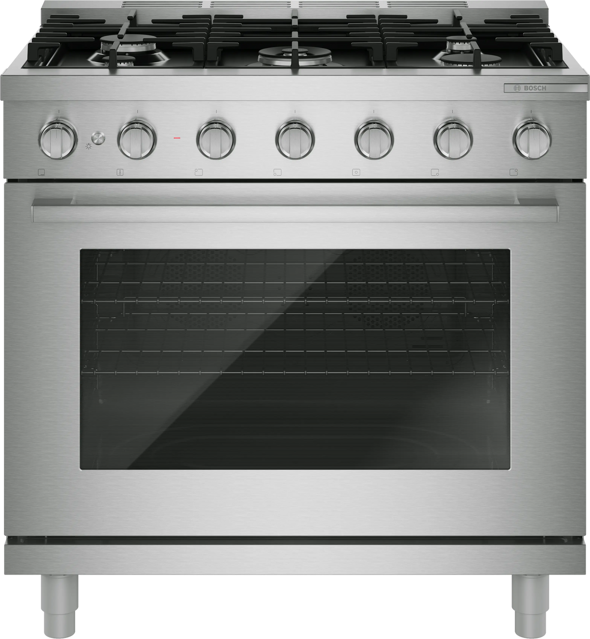 Bosch HGS5657UC 500 Series 36 inch stainless steel industrial style gas range front view