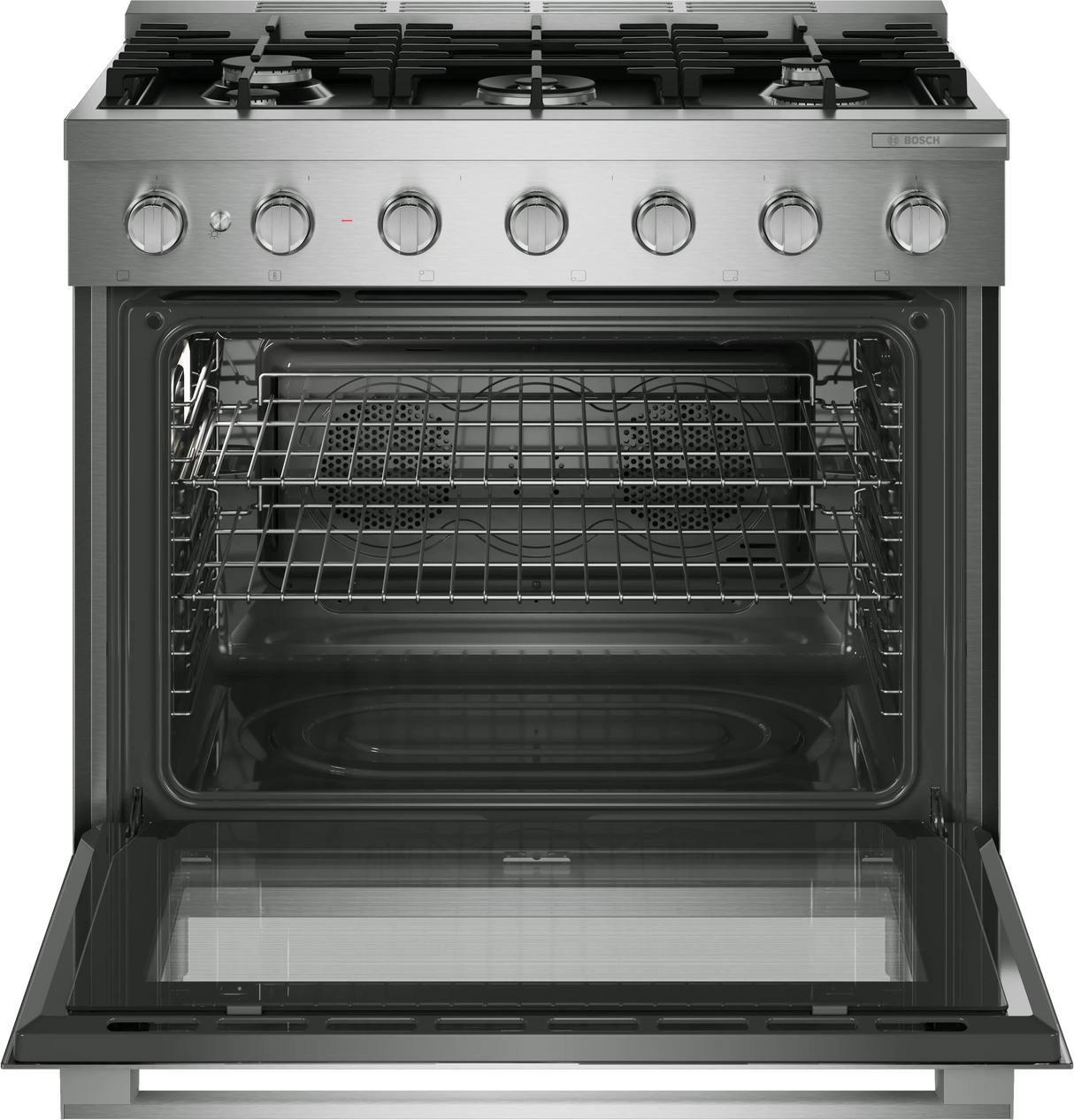 Bosch HDS5657U dual fuel range angled view