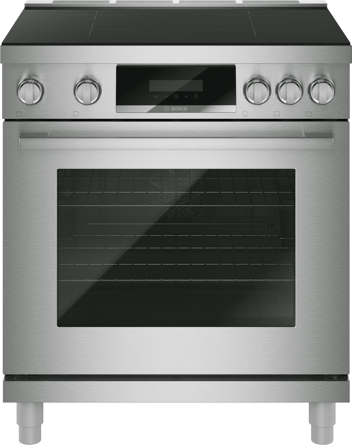 Bosch HIS8057U 30 inch industrial style induction range stainless steel front view