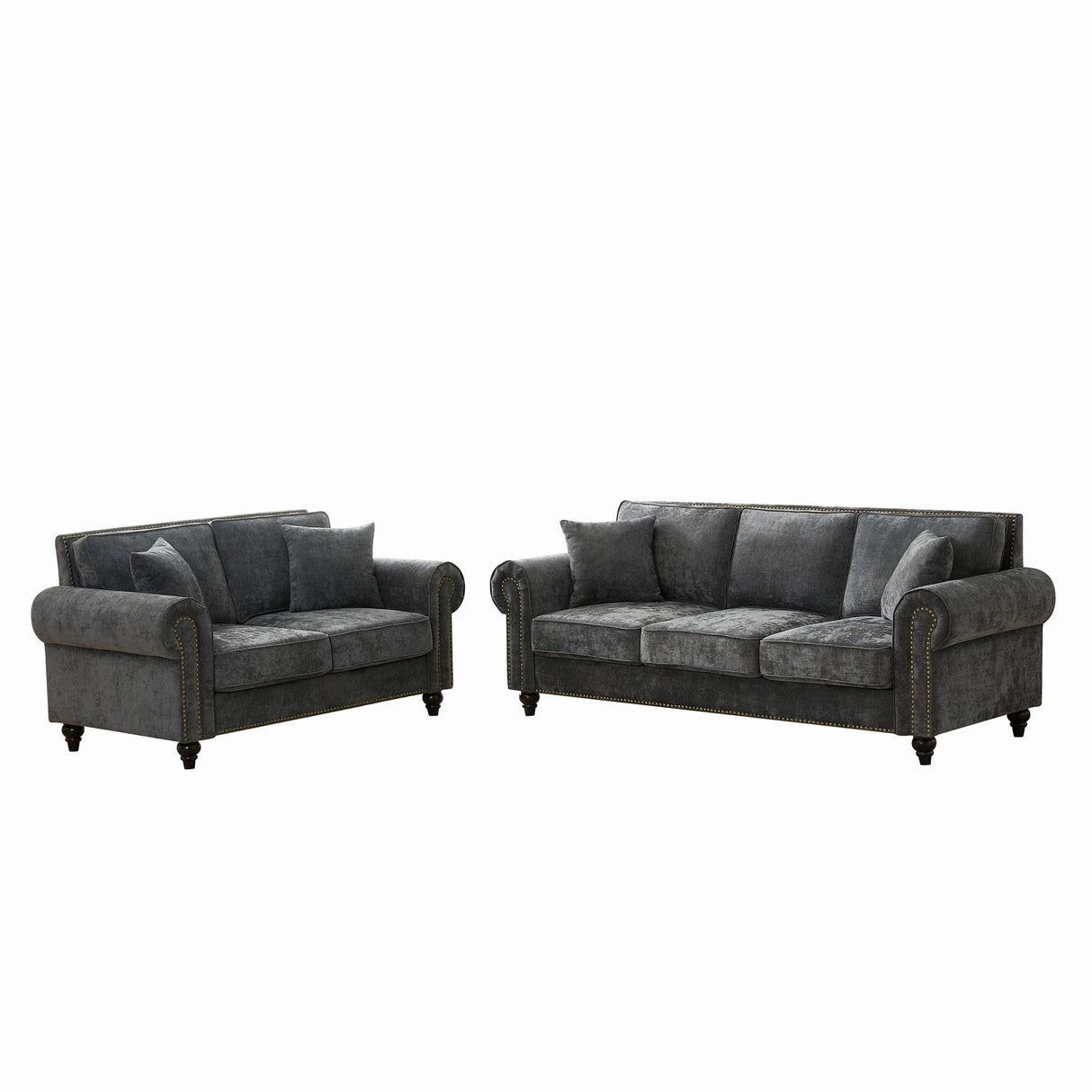 3 And 2 Seater Sofa With Rolled Arms, Tufted Upholstered Couch - Gray