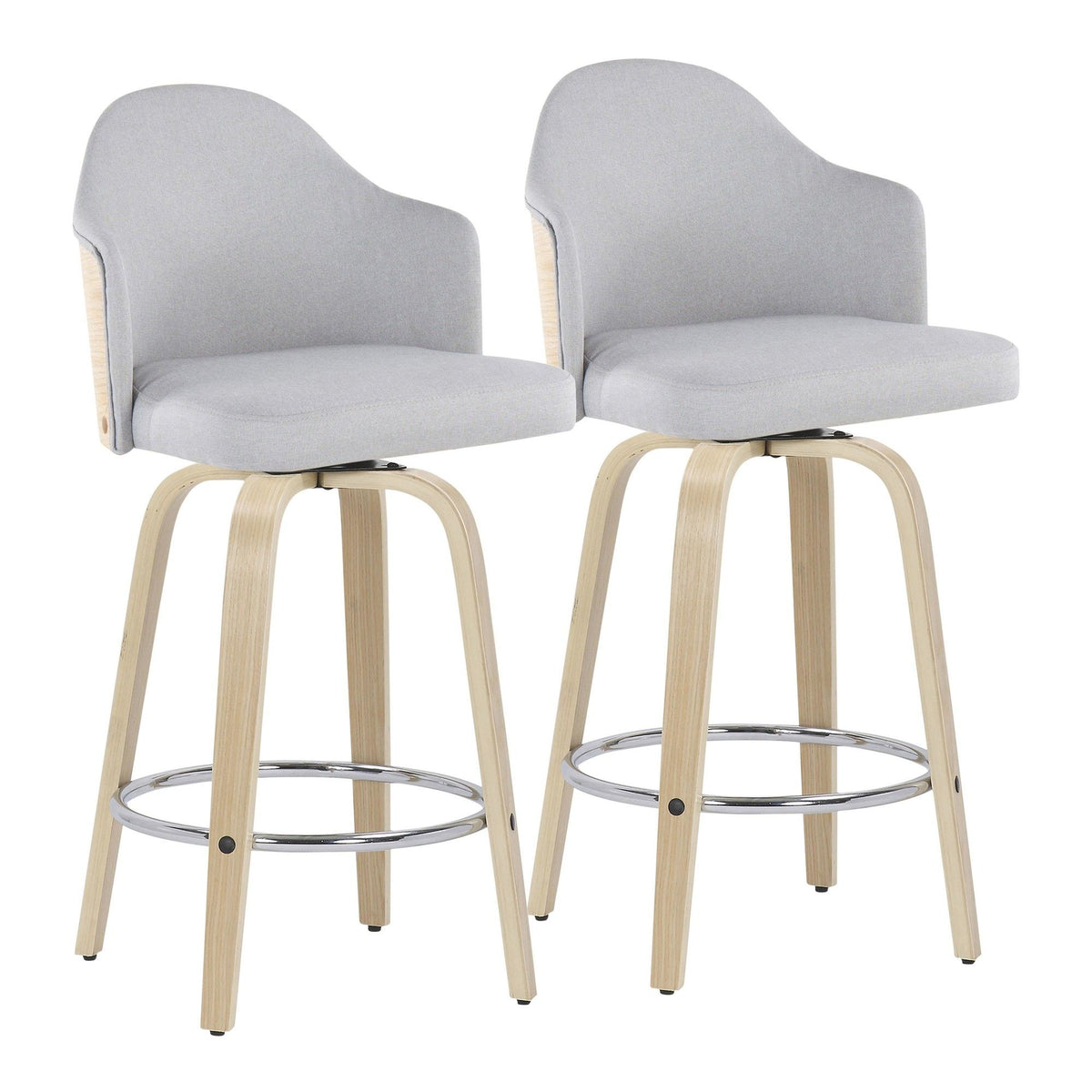 Ahoy - Fixed - Height Counter Stool - Natural Bamboo Legs And Round Chrome Metal Footrest With Light Gray Fabric Seat And Natural Bamboo Back (Set of 2)