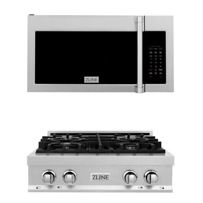 ZLINE Kitchen Package with 30 in. Satin Stainless Steel Rangetop and 30 in. Over The Range Microwave with Modern Handle (2KP-RTSOTR30) - (2KPRTSOTR30) -