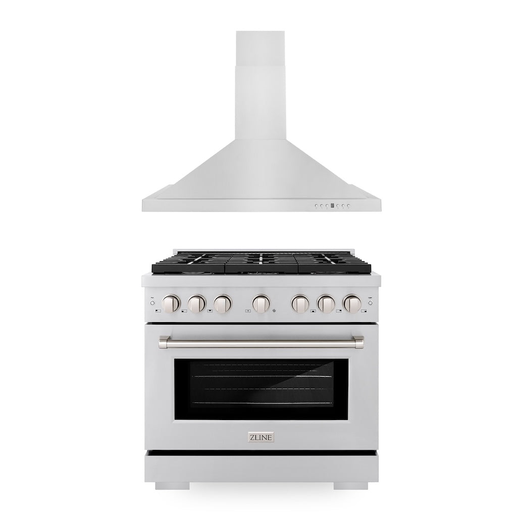ZLINE 36 in. Kitchen Package with Stainless Steel Gas Range and Convertible Vent Range Hood (2KP-SGRRH36) - (2KPSGRRH36) -