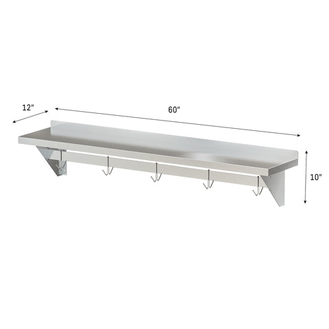 12" x 60" 18-Gauge Stainless-Steel Heavy Duty Wall Shelf with Pot Rack, WMPS-1260.