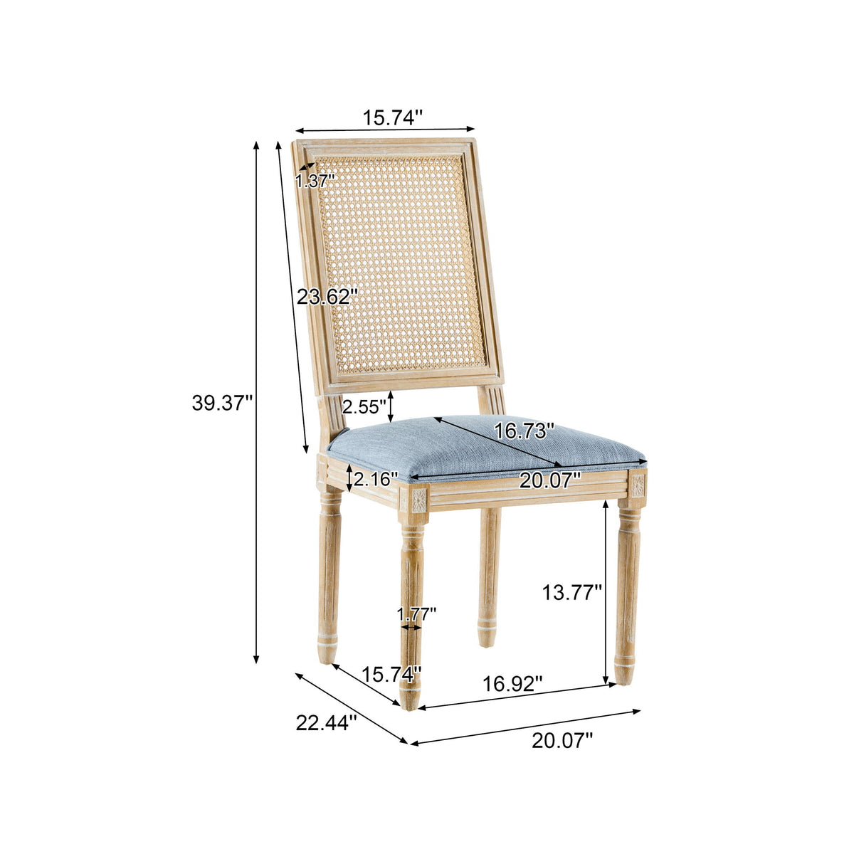 French Country Dining Chair With Rectangular Cane Backrest And Smooth Upholstered Seating