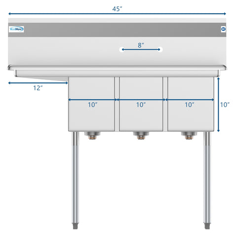 45 in. Three Compartment Stainless Steel Commercial Sink with Drainboard, Bowl Size 10"x 14"x 10" SC101410-12L3.