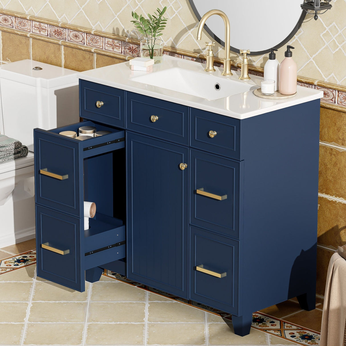 Bathroom Vanity With Ceramic Sink, Soft Close Doors, Adjustable Shelves