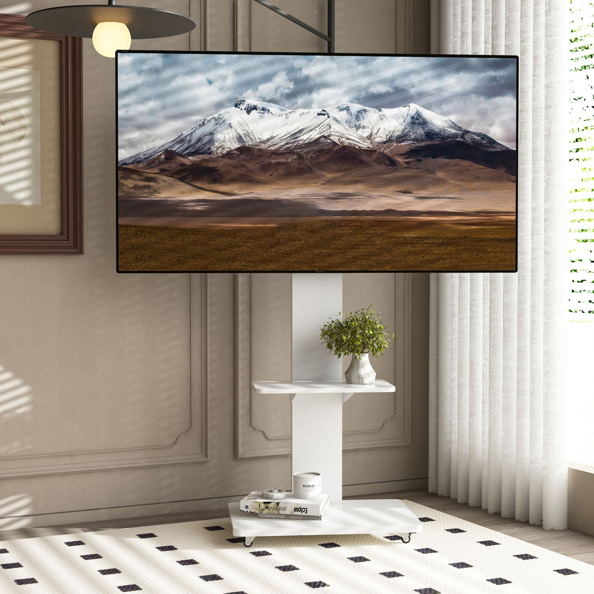 Mobile TV Stand With Shelf Floor Mount Cart For TVs With Lockable Wheels Ideal For Living Room Bedroom Or Office - White