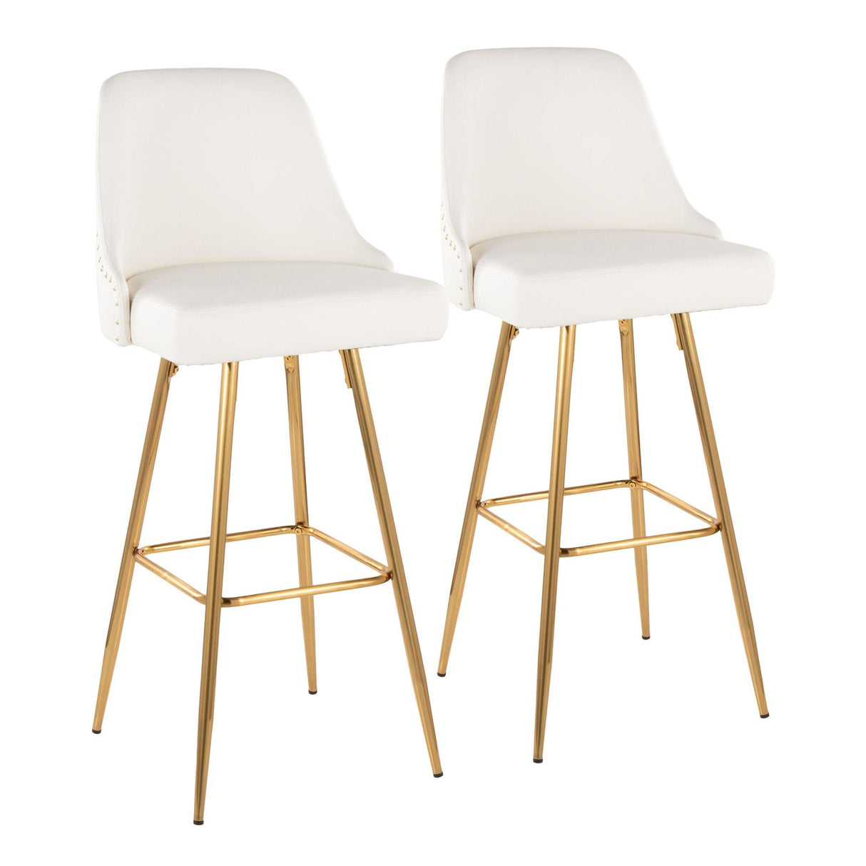 Studded - Marcel Fixed-Height Barstool (Set of 2) - Gold Metal, White Faux Leather