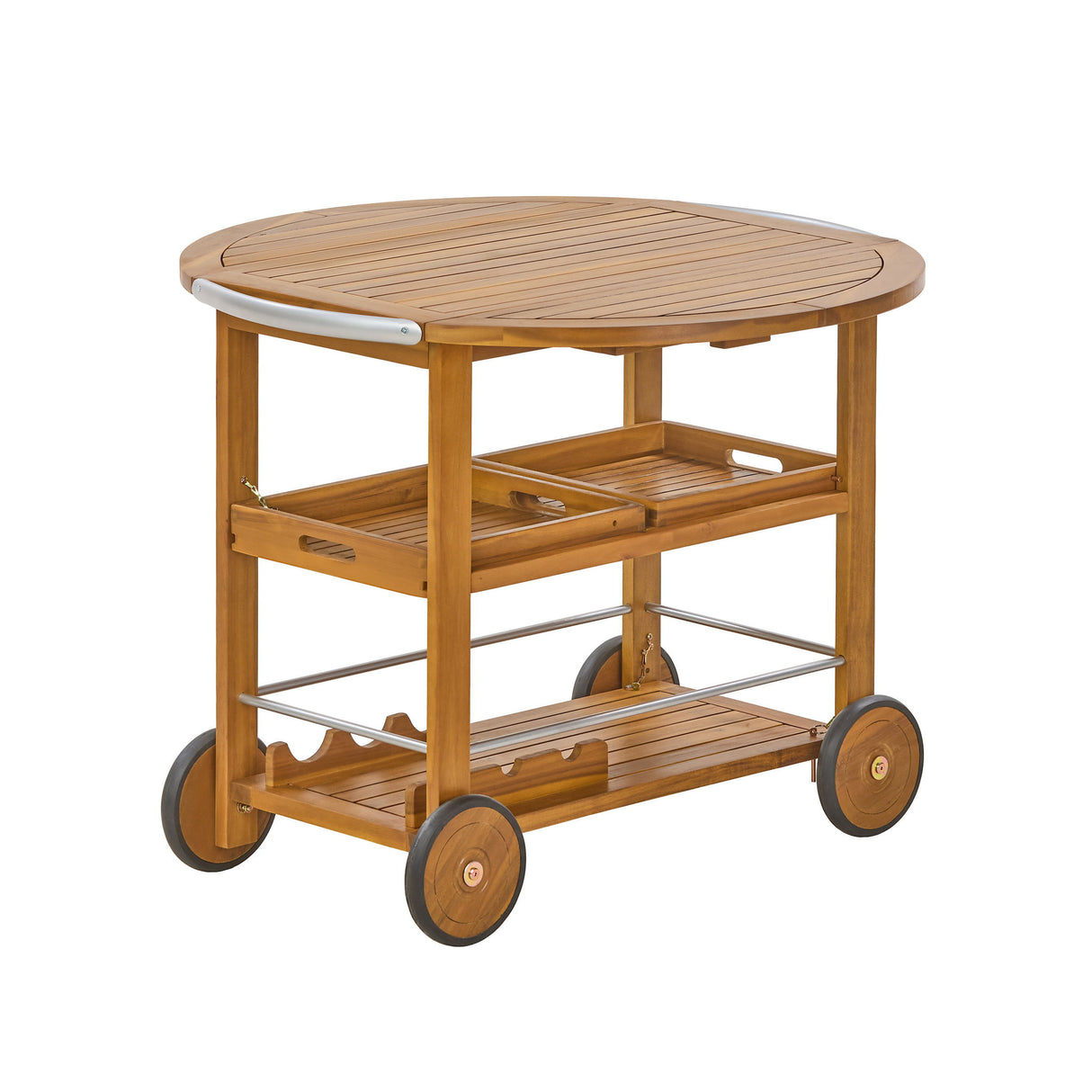 Outdoor Bar Cart With Foldable Tabletop & Removable Trays - Teak