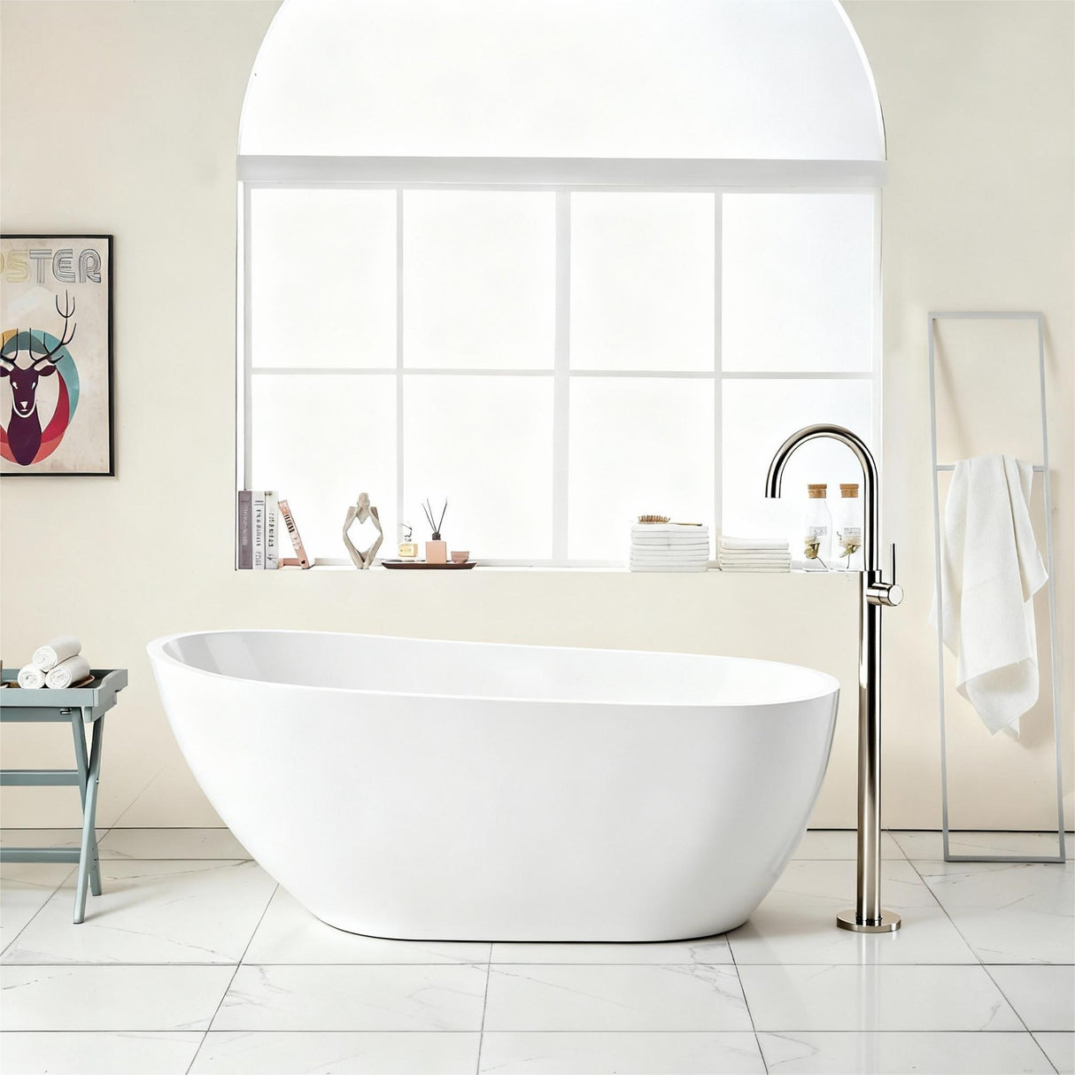Contemporary Glossy Freestanding Bathtub With Chrome Overflow And Drain