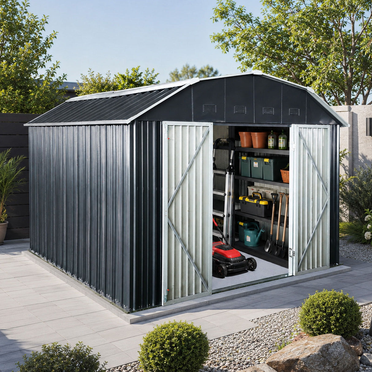 10 Ft X 12 Ft Outdoor Metal Storage Shed With Arch Roof With Lockable Doors For Backyard Garden Patio Lawn - Black