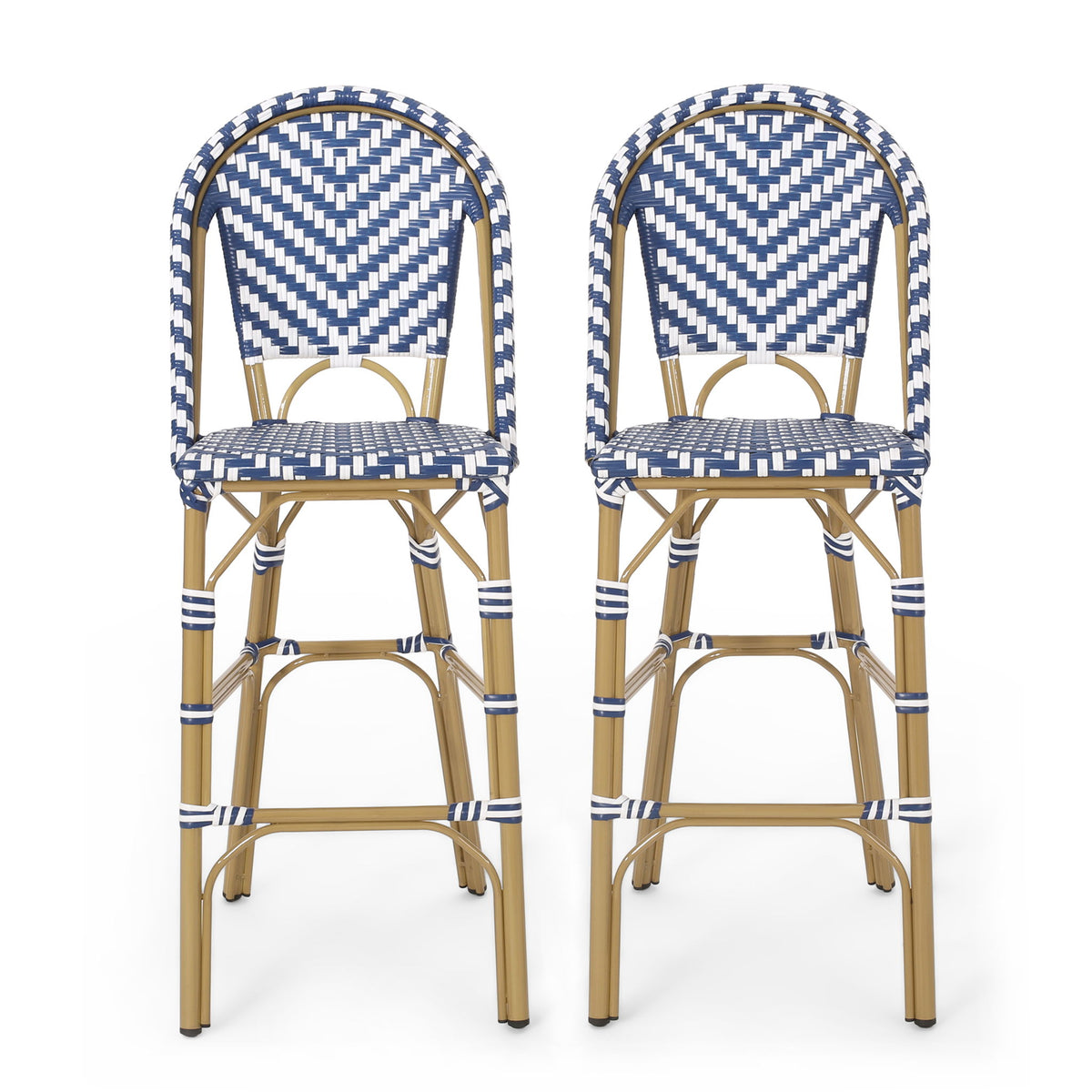 Outdoor Rattan French Barstool Set,, Bamboo, Seat Height - Navy Blue / White