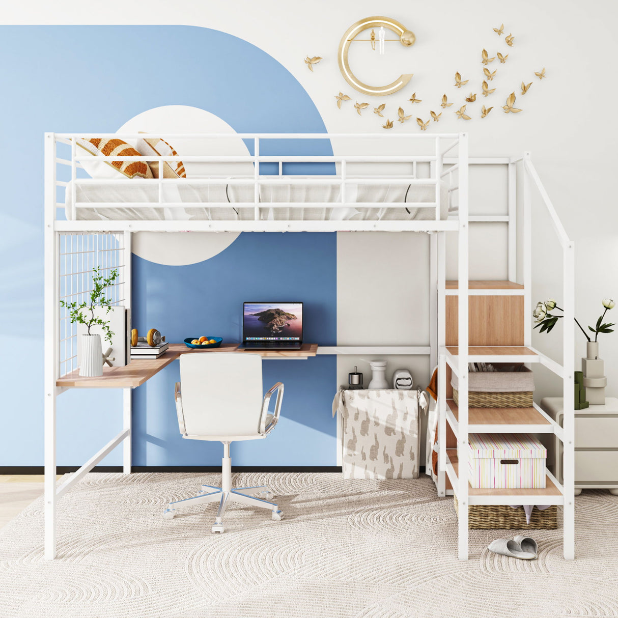 Loft Bed With Desk And Grid, Stylish Frame With Lateral Storage Ladder And Wardrobe