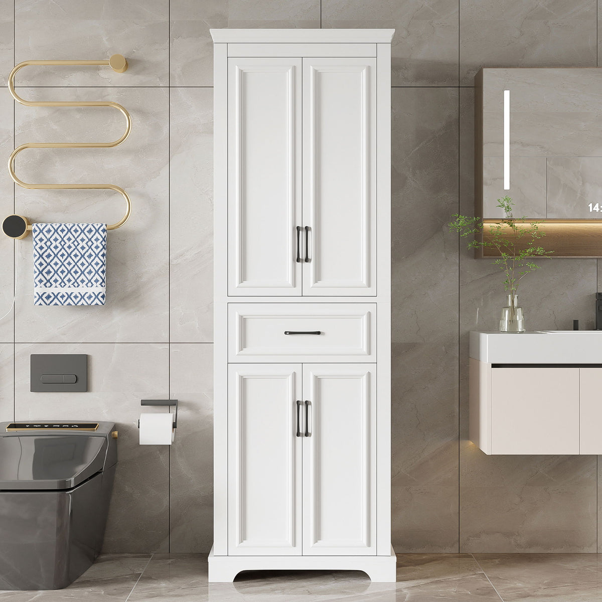 Freestanding Bathroom Vanity, Elegant Design With 4 Doors & 1 Drawer, Adjustable Shelves, Damping Hinges - White