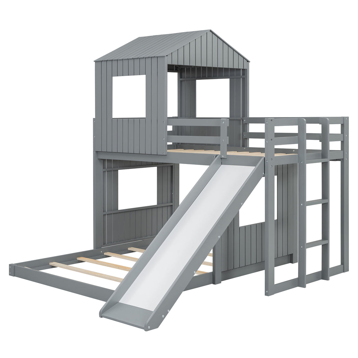 Loft Bunk Bed With Playhouse, Farmhouse, Ladder, Slide And Guardrails