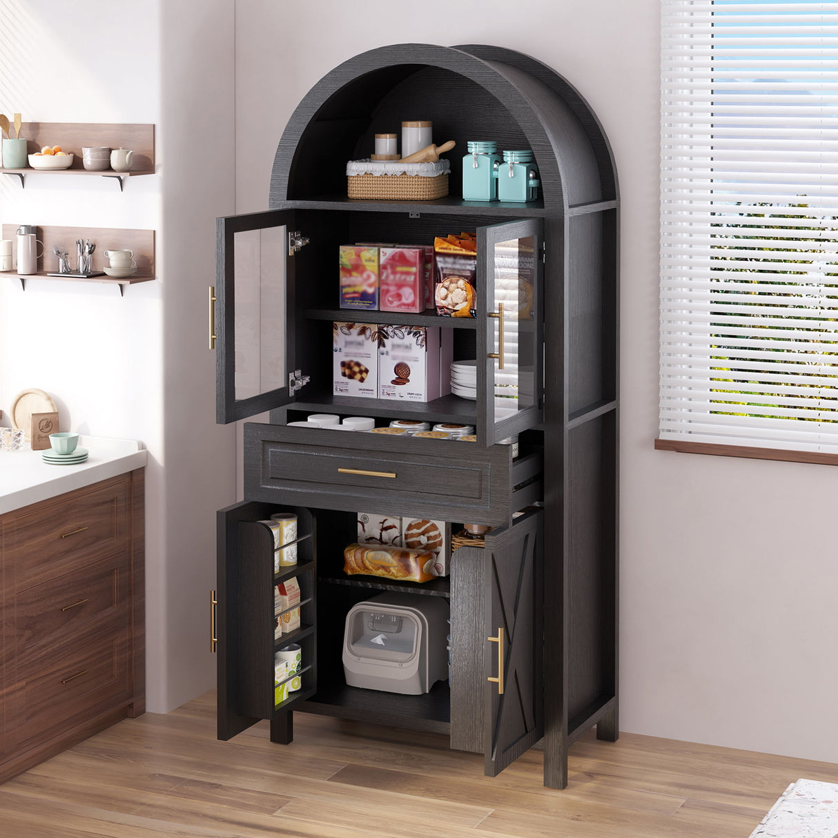 Arched Kitchen Pantry Cabinet With With Adjustable Shelves And Barn Door - Black