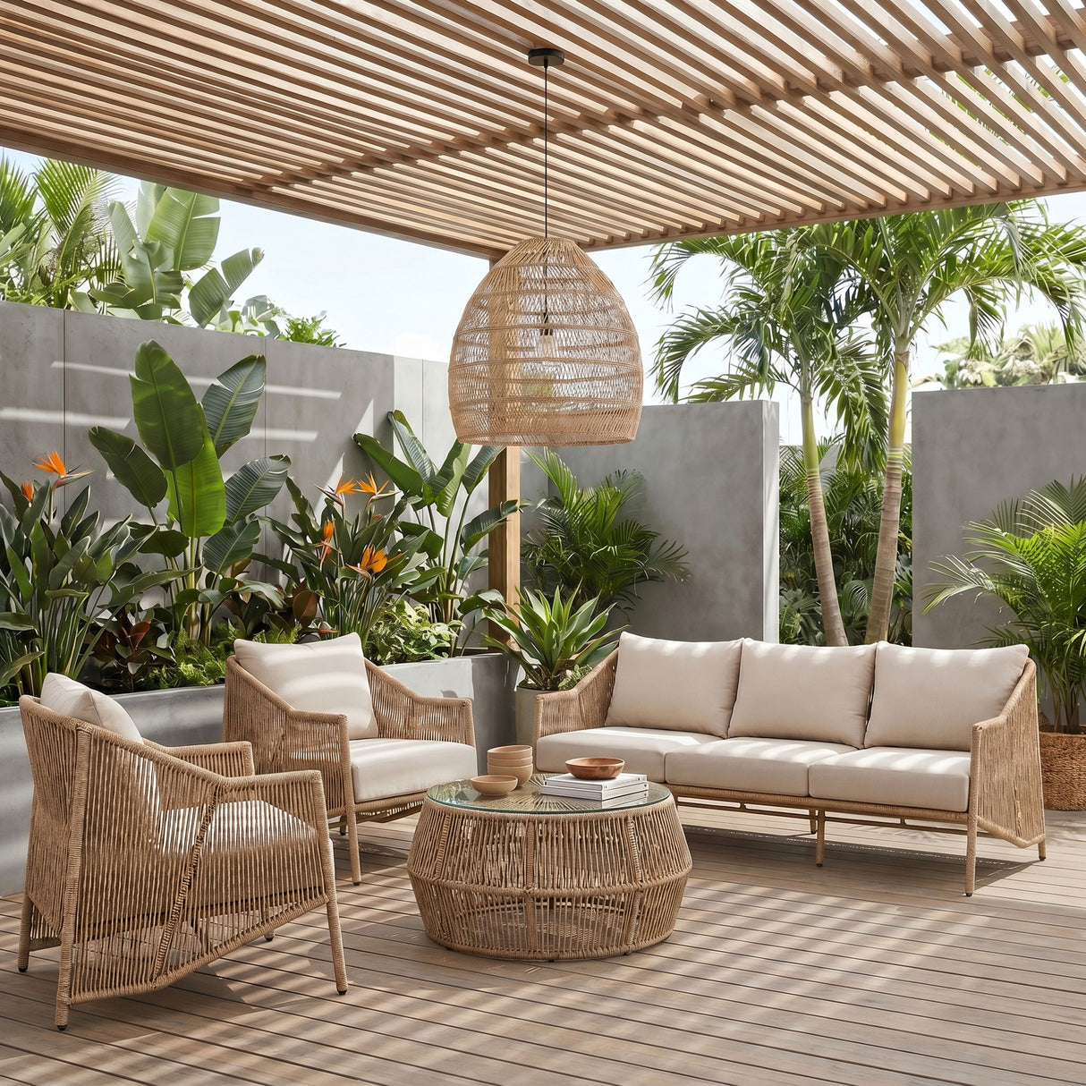 Coastline - Olefin Water Resistant Fabric And Wicker Outdoor Patio Sofa - Beige